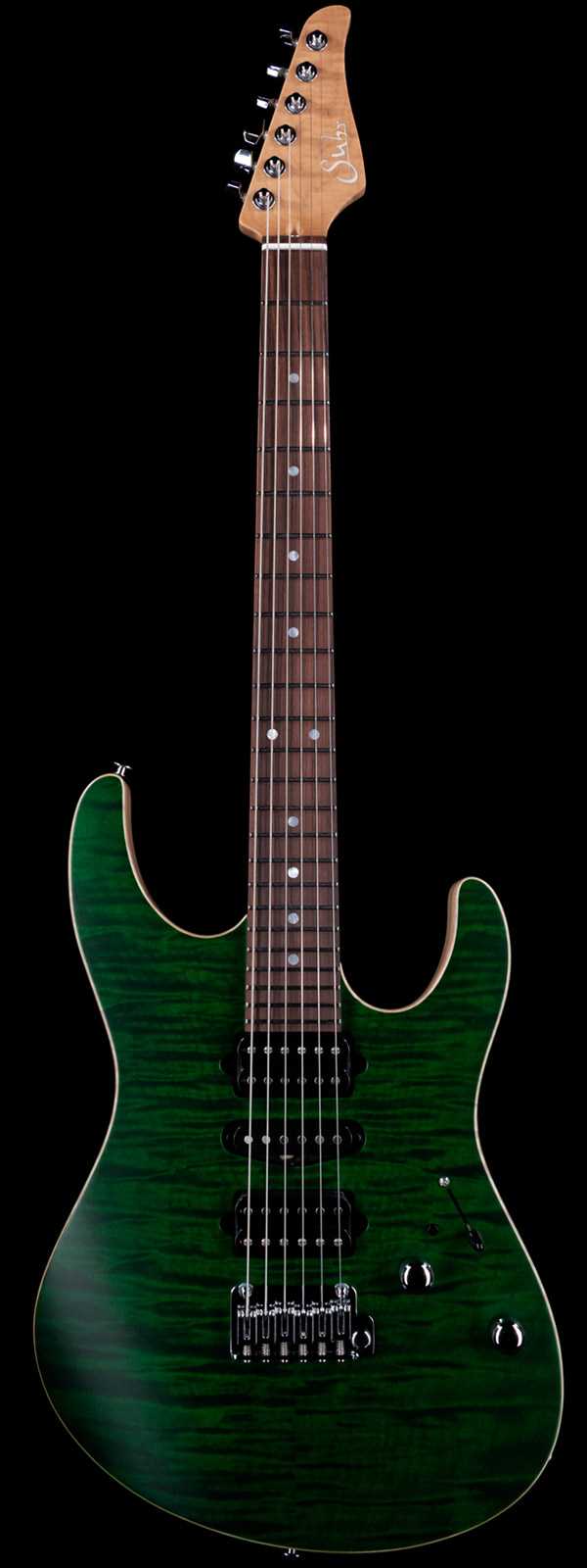 Suhr Modern Quilt Top Roasted Flame Maple Neck Trans Green Satin