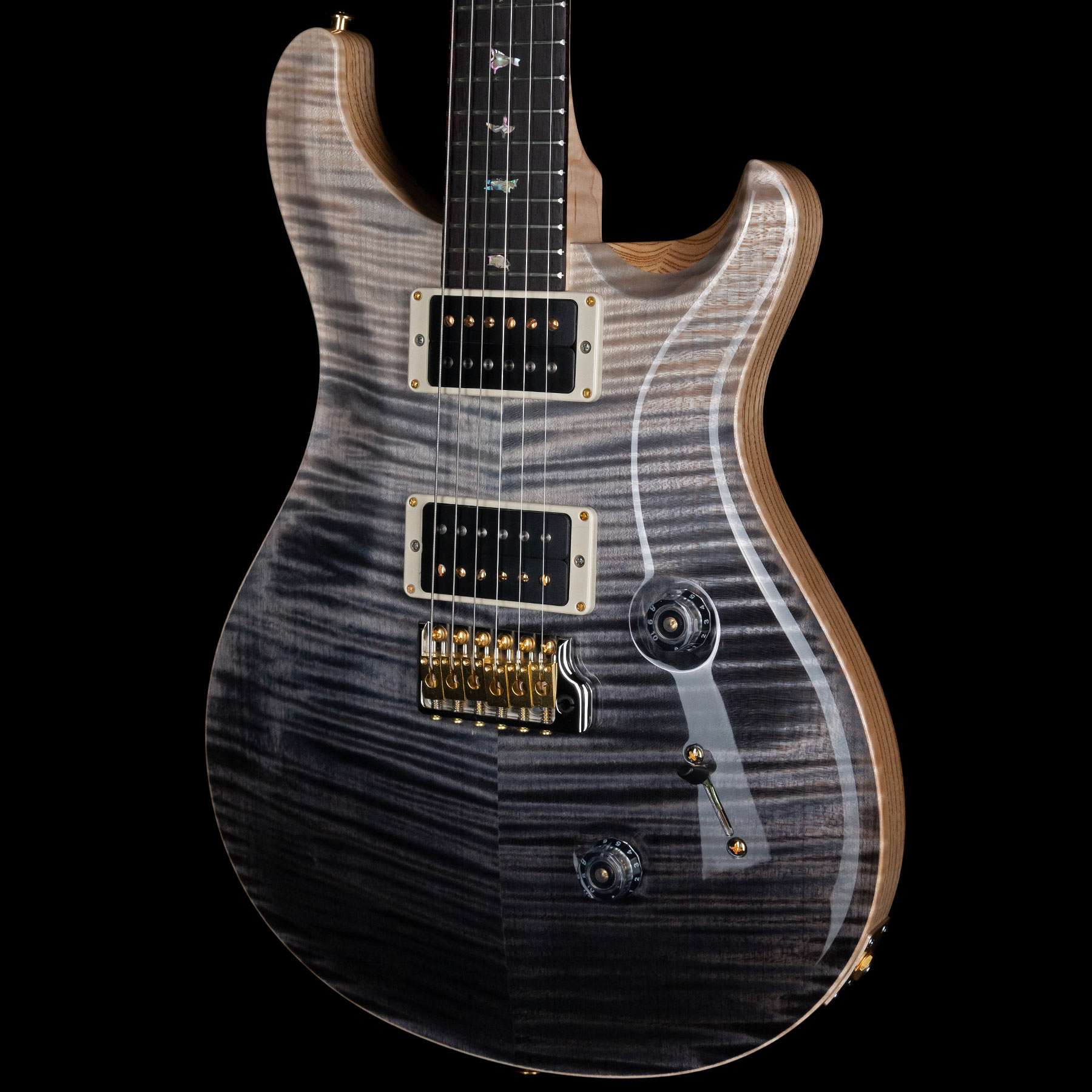 PRS Wood Library Custom 24 10 Top Swamp Ash Back Pattern Thin Flame Neck  Grey Black Fade